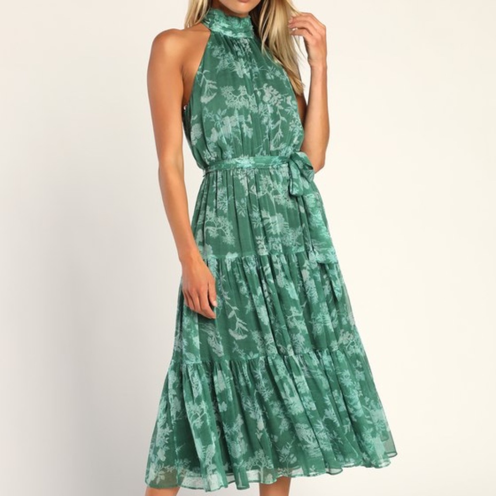 Lulus Float To You Green Floral Print Halter Tiered Midi Dress - Size M